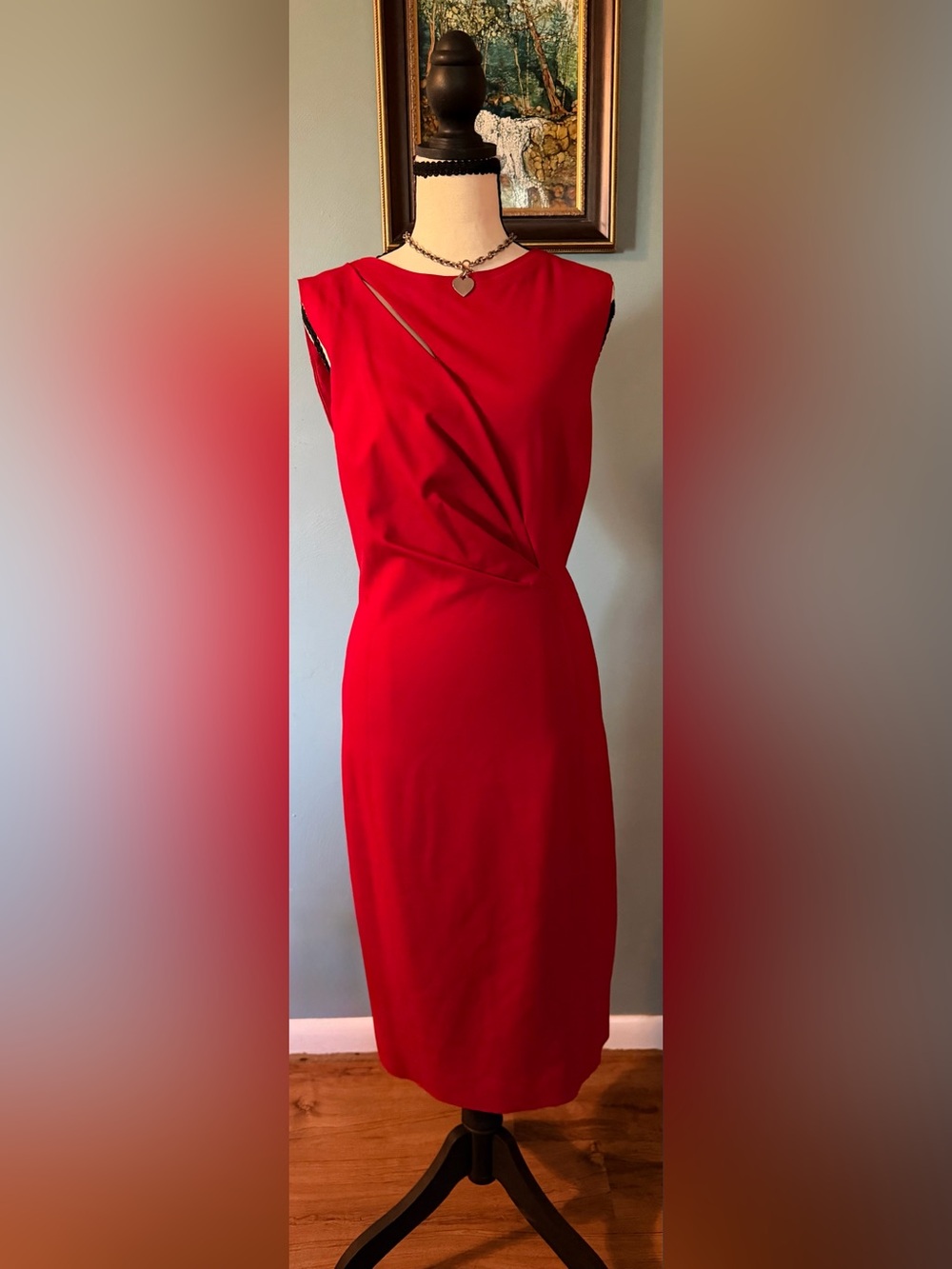 Elie Tahari Asymmetric Sculptural Neckline Crepe Sheath Dress Red 6